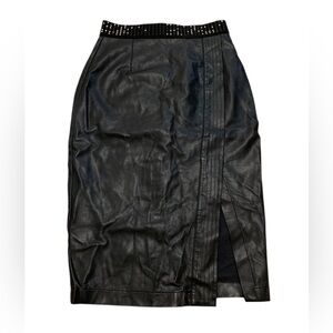 REVAMPED Premium Collection Black Faux Leather Pencil Skirt Studded Waist Slit S